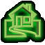 Green house-shaped icon with glowing outline and winding path, transitioning through multiple animation states showing path and house details.
