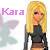 Pixelated static icon showing a blonde woman with long hair wearing a dark top, next to purple text reading "Kara" and a faint gray shape on the left side.