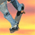 Pixelated static image of a figure in mid-air performing a skateboarding trick against a gradient background.