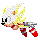 Pixelated character with yellow spiky hair, black eyes, red shoes, and gray gloves in three sequential poses showing motion.