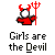 Pixelated icon of a red devil figure with horns and a pitchfork, holding a white circular object, above text reading 'Girls are the Devil' on gray background.