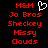 Red pixelated text on black background with a white heart outline above 'M&M' in the left , repeated across two