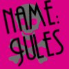 A static image with a bright pink background displays handwritten text reading 'NAME: GULES' in black, stylized lettering.