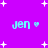 Pixelated cyan text 'jen' with a heart symbol on a purple background, surrounded by white star shapes.