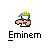 Animated contact sheet of 12 pixel art frames showing a cartoon Eminem character in various poses and with text elements on a gray background.