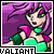 Pixelated character with purple hair and green eyes wears a green and pink outfit against a purple background, with animated sparkles appearing in different positions.