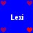 Blue background with white text "Lexi" and pixelated hearts in red and maroon arranged around the text.