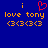 Blue background with orange pixelated text and symbols, including 'i love tony' and '(3(3(3(3', with a red heart symbol above the text.