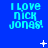 Blue background with repeated cyan text "I LOVE NICK JONAS!" in pixelated font, animated white star and dot effects scattered across the