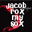 Pixelated red ribbon-like shape with white text 'jacob rox my box' on black background, animated to shift rightward.