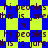 A static pixelated image with repeating text and a blue-yellow checkered background.