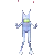 Pixelated static icon of a humanoid figure with glowing green chest, blue limbs, and raised arms against gray background.