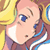 Pixelated close-up of a cartoon character with light skin, blue eyes, and brown hair wearing a maroon outfit with white and blue accents against a yellow background.