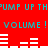 Red background with cyan text repeating 'PUMP UP THUMP UP TH' and 'VOLUME! VOLUME!' above and below white audio equalizer bars.