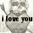 Pixelated grayscale image of a character with raised arm and 'i love you' text overlay.