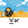 Pixel art animation of a soldier in tan helmet and uniform firing a rifle from sandbagged trench, with 'War' text below; background shows blue sky with white clouds and orange-brown terrain.