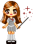 Pixel art character with long brown hair, gray dress, white socks, black shoes holding a wand emitting red sparkles.