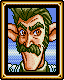 Pixelated character with green hair and mustache in golden frame, blue background with white dots.