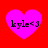 Four identical pink heart-shaped icons with black text 'kyle<3' on a red background, arranged in a