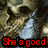 Two pixelated skulls with white horns and red text reading "She's good You're better!" on a dark background.
