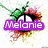 A pixelated icon with a stylized face, colorful splatter background, and purple text reading 'Melanie' on a white backdrop.