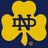 Yellow four-leaf clover with dark blue 'ND' monogram on top left, yellow text 'LOVE', 'NOTRE DAME!', and single 'I' on solid purple background.