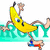Animated yellow banana character with blue eyes and black pupils, wearing brown pants and blue shoes, holding a small star, standing on a green platform with 'FRANKS' text.