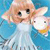 Pixelated image of a character with light brown hair and large black eyes holding a white rabbit-like creature against a blue background.