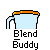 A 4x4 contact sheet of pixel art frames showing a blender icon animation with varying contents and an orange control panel, all labeled "Blend Buddy" below each frame.