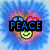 Pixelated blue spiky background with a heart-shaped face showing different text overlays: PEACE, LOVE, HAPPINESS.