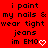 Red background with black pixelated text repeating 'i paint my nails & wear tight jeans in EMO' and white heart emojis, partially cropped on the right.
