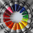 A circular rainbow-colored icon with a white center on a gray pixelated background.