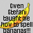 Pixelated text reads 'Gwen Stefani taught me how to spell bananas!!!' over a yellow-orange banana graphic on gray background.
