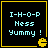Four identical square with black backgrounds, yellow borders, and pixelated text reading "I-H-O-P Ness Yummy !" each containing a yellow Pac-Man icon