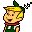 Pixelated cartoon character with yellow hair, green hat, red scarf, and green overalls against gray background.