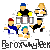 Animated sequence showing four cartoon figures in a circle with red, blue, and yellow accents above a repeating text pattern that changes to 'PEROXPEROX' then 'GEN'.