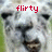 Two side-by-side pixelated llama faces with red text above each, one labeled 'flirty' and the other 'llama', against a blurred green background.