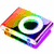 A square-shaped icon with a rainbow gradient border and layered purple edges, featuring a central circular cutout with green and black inner details.