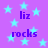 Purple background with light blue stars and repeated text 'liz' and 'rocks' in purple font.