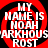 Four identical red and black circular patterns with white text reading "MY NAME IS NOAH SARKHOUS ROST" arranged in a