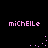 Pixelated pink text 'michelle' on black background with scattered pink dots in four quadrants.
