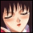 Pixelated anime-style character with closed eyes and pink cheeks, next to stylized text on a black background.
