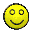 Yellow circular face with black outline, two circular eyes, and curved smile on gray background.