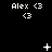 Pixel art animation showing 'Alex <3' text with evolving white symbols on black background, including plus signs and dots.