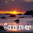 Pixelated sunset scene with orange-yellow sun over water, dark landmasses, and white text reading 'SUNSET' at bottom.
