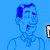 Animated contact sheet of a cartoon character with blue outline on light blue background, showing sequential text changes across frames.