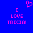 Blue background with pink pixelated text reading "I LOVE TRICIA!" and a heart symbol above the left instance of the phrase.