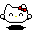 Pixelated white cat face with red bow, yellow nose, and black eyes in three of three icons each
