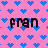A static contact sheet of a 48x48 pixel animated buddy icon featuring the text 'fran' on a pink background with blue and purple heart patterns, displayed across three sampled frames in a 2x2 grid layout.