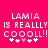 Pixelated text on bright pink background with repeated 'LAMIA IS REALLY COOOLL!!' and star symbols, two identical side-by-side versions of the same design.